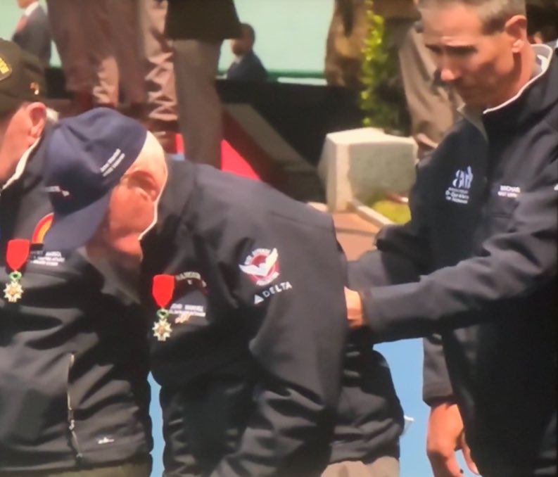 LibertyValkyrie's tweet photo. Before TAPS at the D-Day Anniversary, it was announced to, “Stand if you can…”

This WWII Veteran stood.  He couldn’t do it on his own, but due to his honor, was determined to do so.

One generation gave everything for the flag, that allows for the current one to burn it. https://t.co/q5SVUOW36E