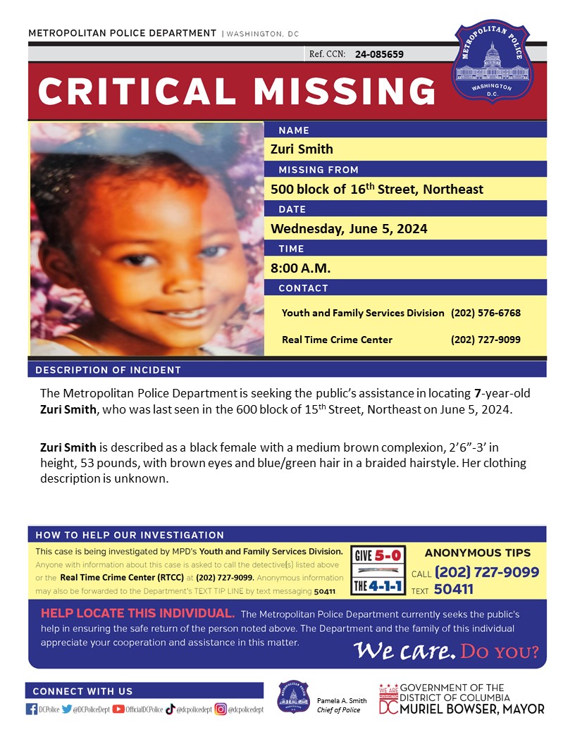 DCPoliceDept's tweet photo. Critical #MissingPerson 7-year-old Zuri Smith and 9-year-old Marquel Smith, was last seen in the 600 block of 15thStreet, Northeast on June 5, 2024. 

Have info? Call 202727-9099 or text 50411. https://t.co/C5TDJdXInU