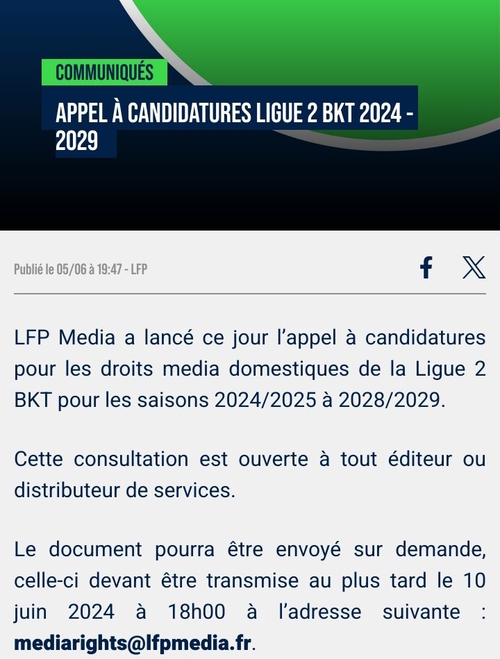MeteoFootMaps's tweet photo. 😓 On est aussi à deux mois de la reprise de la Ligue 2 et hier soir 19h47, un petit communiqué en mode LeBonCoin, d'appel à candidature pour les droits TV de la Ligue 2.

Oui la Ligue 2 n'est pour l'instant pas retransmise la saison prochaine.

Des génies.

(Dépêchez vous, vous avez jusqu'au 10 juin !)

#Ligue1 #Ligue2
