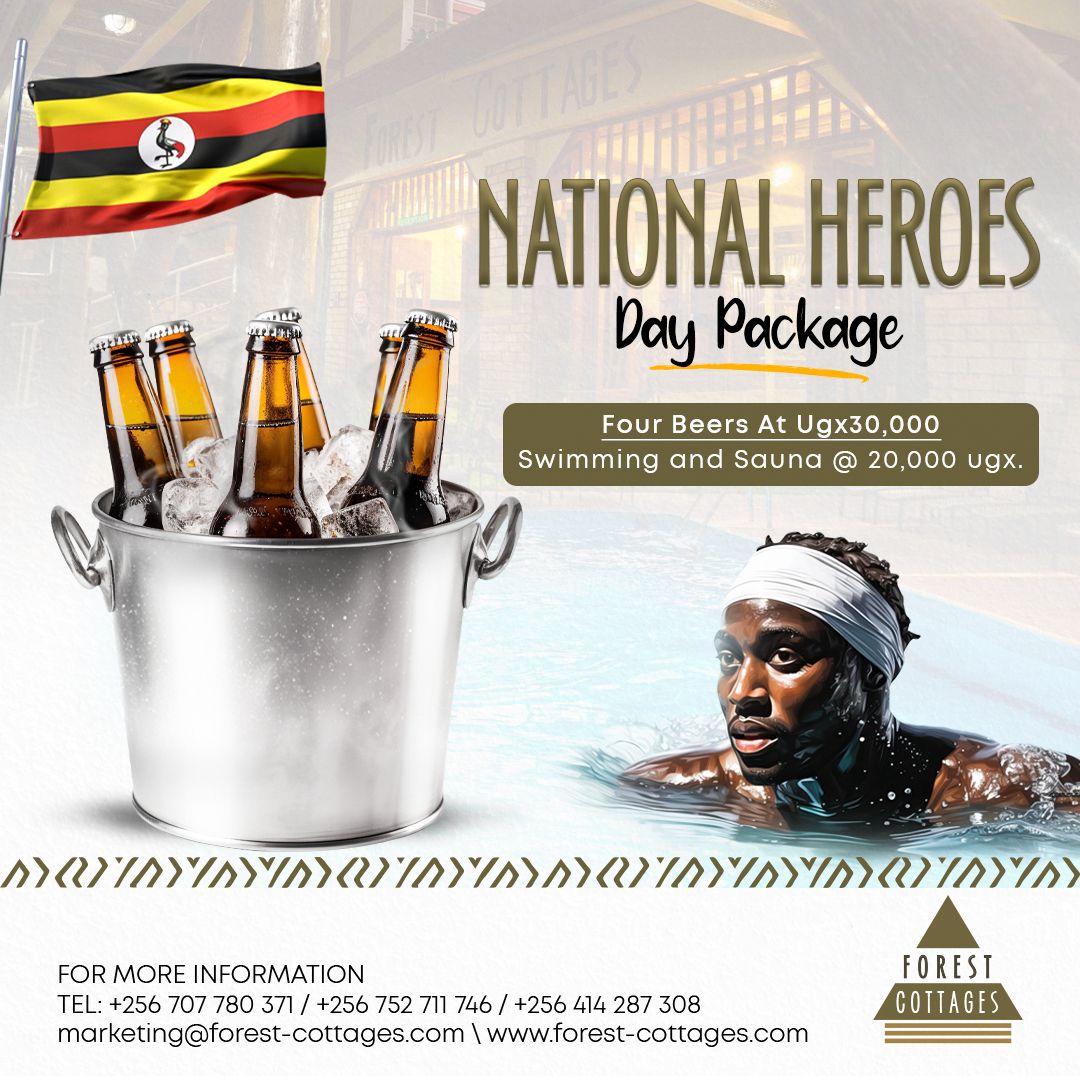 Dive into the celebration this National Heroes Day at Forest Cottages! 🌊📷 Get four beers for just Ugx30,000 and enjoy a refreshing discount on our swimming pool. Let's honor our heroes together.  Visit forest-cottages.com or contact us on +256 752 711 746/ +256 707 780 371