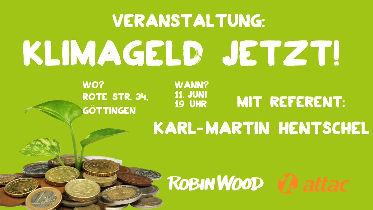 Informiert euch zusammen mit uns zum Thema #Klimageld Jetzt!
Gemeinsam mit einem bundesweiten ökosozialen Bündnis, von dem auch ROBIN WOOD Teil ist, führt <a href="/Attacd/">Attac Deutschland</a> Göttingen  eine Veranstaltung zum Thema Klimageld durch. 
Mehr Infos: kurzlinks.de/laxv
#klimaschutz #CO2preis
