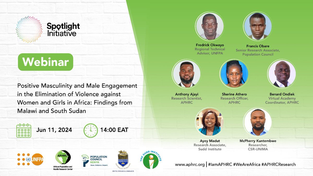 Upcoming Webinar 🔊

The Spotlight Initiative will be hosting a webinar on positive masculinity and male engagement in eliminating violence against women &amp; girls in Africa.

🗓️June 11, 2024
⏰14:00 EAT.
Register here: buff.ly/45fmZgY.

#WeAreAfrica #APHRCResearch