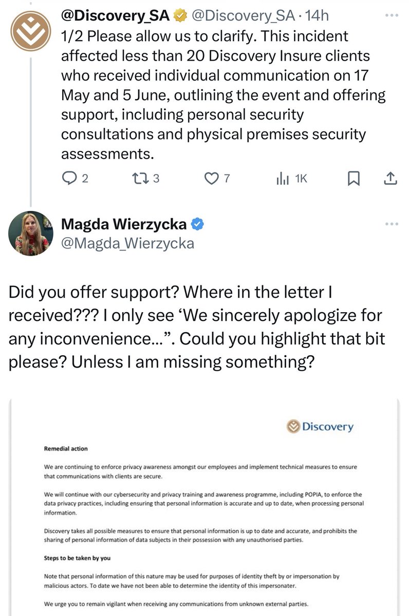 Tweet from Discovery to  breach where names, addresses, ID and details of insurance policies (every household item and value - cars, jewelry etc). were disclosed to fraudsters. More damning. They acknowledge that this has posed personal physical risks to those affected.