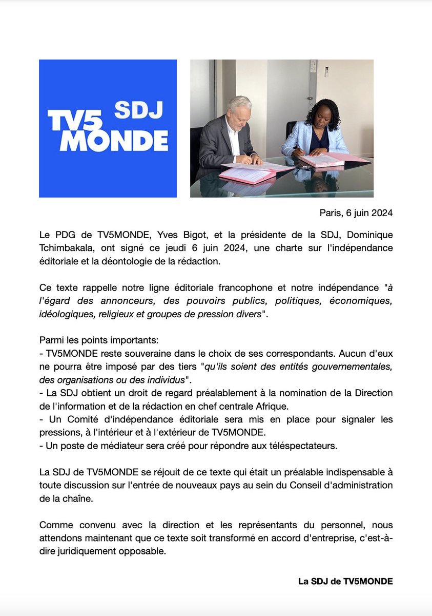 La <a href="/SDJ_TV5MONDE/">SDJ de TV5MONDE</a> se réjouit d’avoir signé ce matin avec la Direction générale une charte sur l'indépendance éditoriale et la déontologie de la rédaction. Un préalable indispensable à toute discussion sur l'entrée de nouveaux pays au sein du Conseil d'administration de la chaîne.