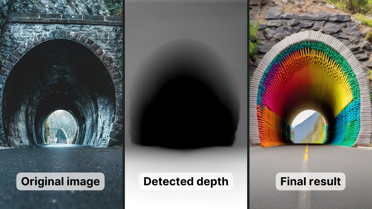 getimg_ai's tweet image. 📣 It’s the 2nd post from the #ImageReferenceSeries

🔍 Today, we&apos;re diving into the Image Reference **Depth,** a powerful feature that lets you control image generation with precision. Check out how it transforms a simple tunnel into a vibrant masterpiece!