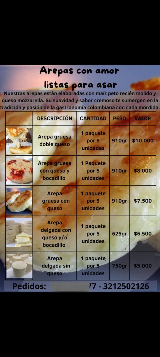 Debido a una situación adversa para mi familia hemos recurrido a iniciar un emprendimiento con mucho amor para todos, tenemos las más deliciosas arepas de maíz peto con queso y otras variedades!! Estamos en Bogotá y llevamos a domicilio! Más info al DM o al 3212502126
