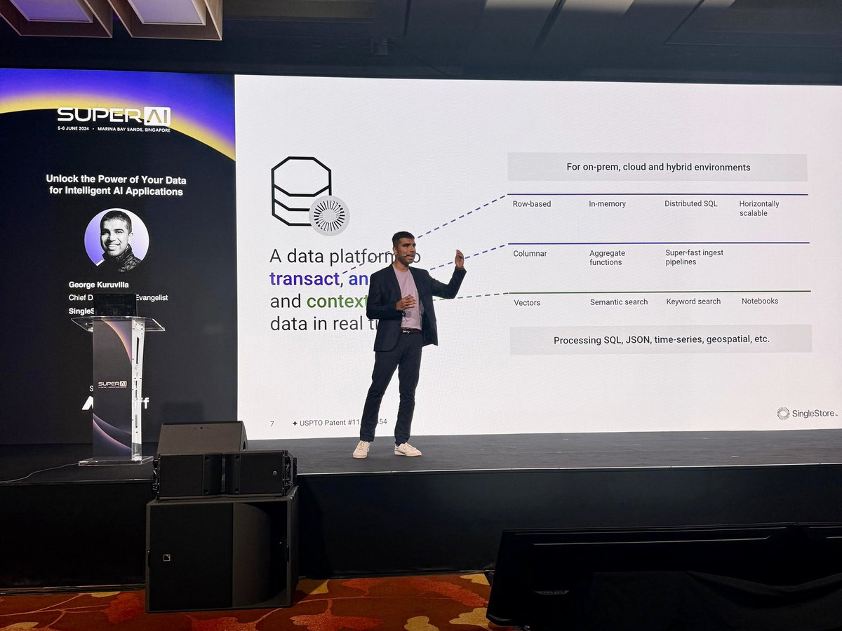 georgeiswrite's tweet image. I spoke at the prestigious SuperAI  Conference in Singapore, revealing @SingleStoreDB as the only data platform that can transact, analyze, and contextualize your data for real-time intelligent applications.

#superai #realtimeanalytics #vector #llm #genai #data #bigdata