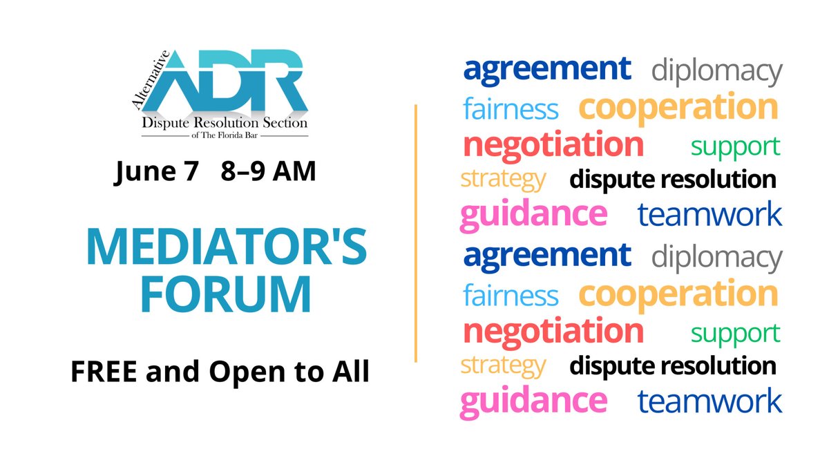 FlaBarADR's tweet photo. 📢 TOMORROW (6/7): Our June Mediator's Forum topic is "High Emotion in Mediation," facilitated by Lori Adelson, @Approved_ADR. Live on Zoom, 8–9 AM, FREE and open to all. Get details at https://t.co/AgKo5wIthT https://t.co/VFdWa5XEWF