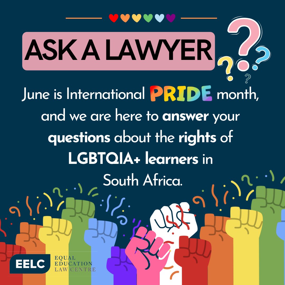 [Pride month🏳️‍🌈🏳️‍⚧️] This month is International #PrideMonth &amp; we are ready to answer all of your questions about the rights of LGBTQIA+ learners in SA. Send us your questions &amp; our team of lawyers will answer them throughout June. Submit your questions here: surveymonkey.com/r/XDCCQX7