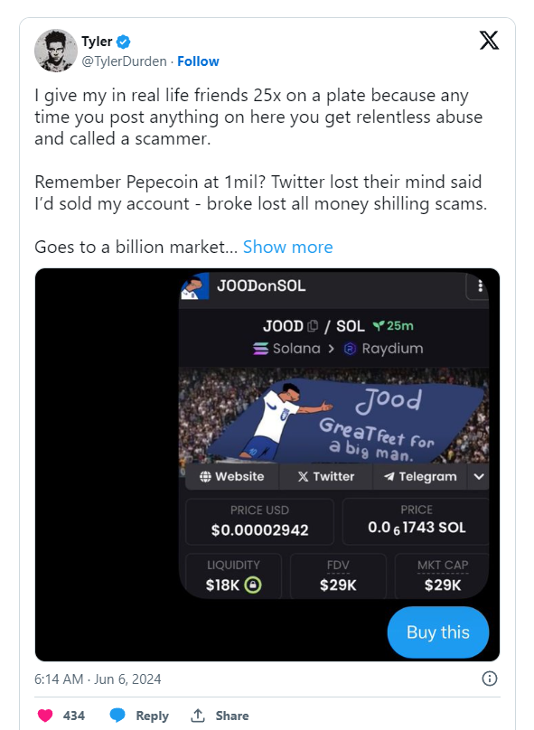 No way this guy just shilled a 20k mcap to 120K followers

How starving are you bro?