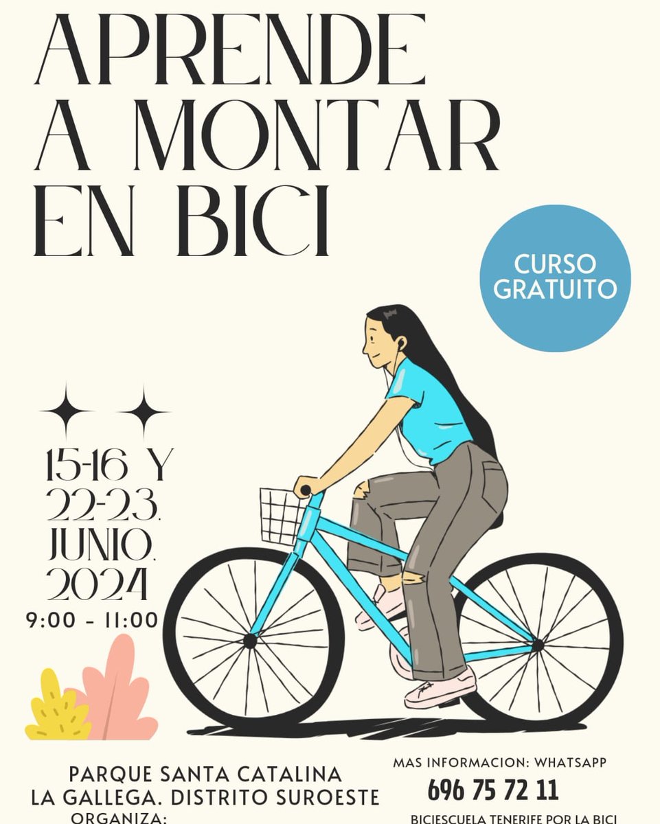 🚴‍♂️ ¡Aprende a montar en bici en los 5 distritos de Santa Cruz! 🚴‍♀️

📍 Parque Santa Catalina, La Gallega
🗓️  15-16 y 22-23 de junio
🕘 09:00 - 11:00

Curso gratuito para mayores de 12 años con 10 plazas disponibles, ¡Bicicletas y cascos incluidos!

📲  bit.ly/4aVS3nb