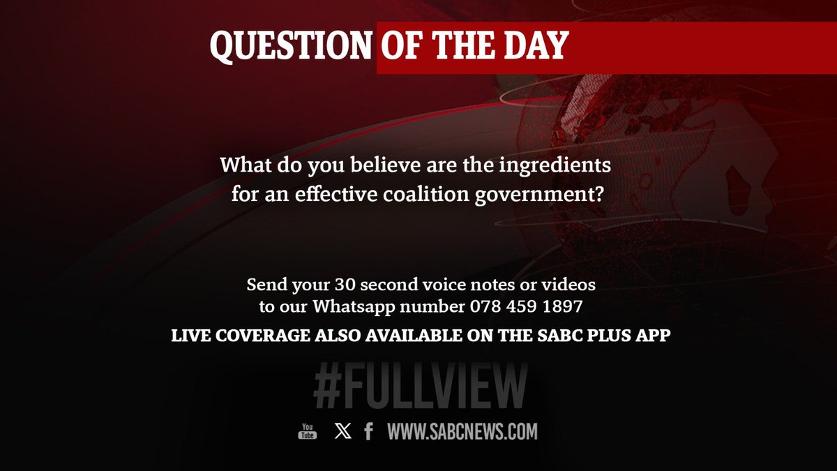 [QUESTION OF THE DAY] What do you believe are the ingredients for an effective coalition government?
#FullView #SABCNews
With <a href="/_BongiweZwane/">Bongiwe Zwane</a> <a href="/Mfundo_Mabalane/">Mfundo Mabalane</a>