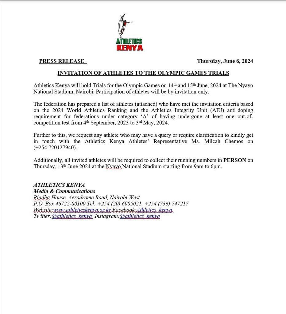 koechspoti's tweet photo. One week to go!
The Trials for Kenya's athletics team to this year's Olympics in Paris will take place on 14/15th at Nyayo stadium #AthleticsKenya #ParisOlympics2024 #ParisOlympics #worldathletics #RunClean https://t.co/jrjAMHI7rl
