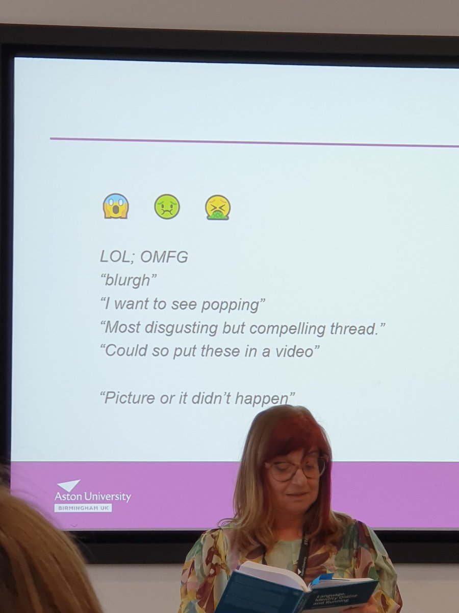 Aston_REACH's tweet photo. @elabeau @UnicornNotes then gave a very entertaining overview of her book on social media use, group identity, and the body and pain in running communities.
Running injury pictures not included here, although they got great reactions from the crowd! https://t.co/aT1yZwVH1v