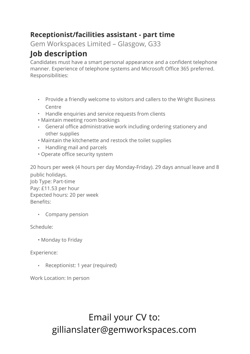 fare_skills's tweet photo. 2x  20hr per week receptionist role has come up with a local workplace, they would love to give a local person in the east end of Glasgow the opportunity.
All you need is one year of experience and to send your CV to the email address below, stating you heard about from FARE. https://t.co/SnFsDsI2Ro