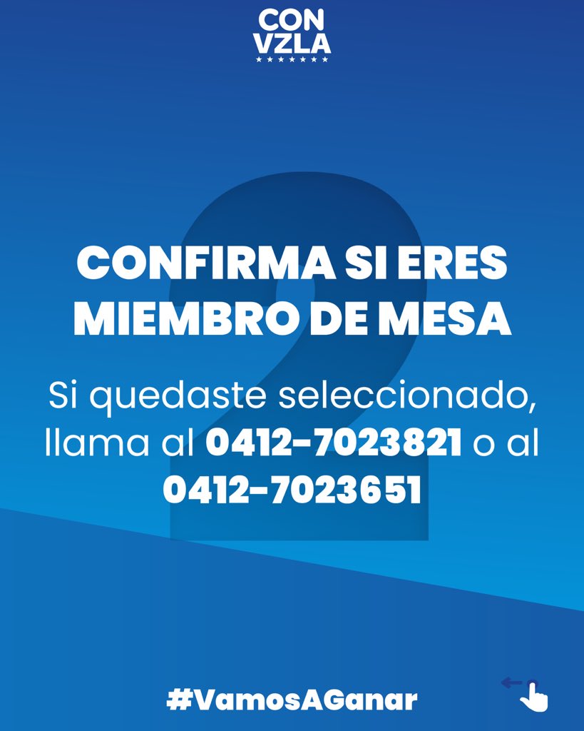 ConVzlaComando's tweet photo. 2️⃣ Si quedaste seleccionado para ser miembro de mesa, llama al 04127023821 o al 04127023651. 

3️⃣ El día de la elección ¡VOTA BIEN! en la tarjeta de la Unidad con la foto de @EdmundoGU. 

¡La victoria es tuya! 
Contigo #VamosAGanar https://t.co/zRquY3l0G3