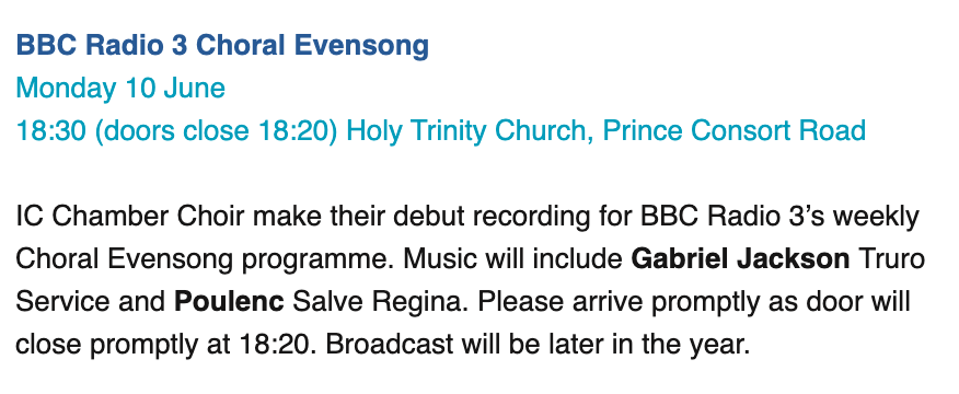 PatrickAllies's tweet photo. A bit of exciting news... next week @ICChamberChoir will record a service of choral evensong for BBC Radio 3, for the very first time! All are welcome. https://t.co/yUw6YM2iUn