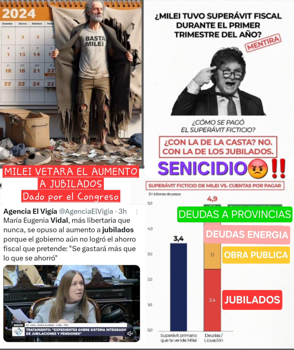 Crisgo20201's tweet photo. #RealidadVsRelato
SENICIDIO😡‼️Abandono hasta la muerte de personas ancianas.
MILEI-CAPUTO   LLLA-PRO Vetaran la aprobación del aumento a Jubilados.
No les alcanzó apoderarse de la caja del fondo de sustentabilidad, quita de remedios y jubilaciones bajo línea de indigencia https://t.co/iXaGzyv6qt