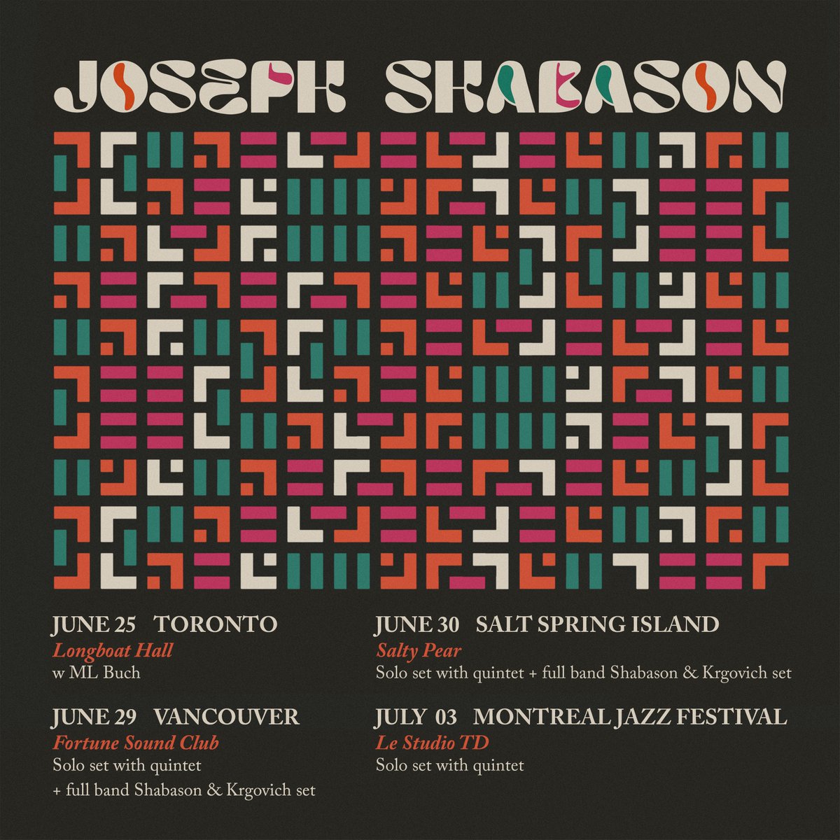 Got a sweet, full-band mini tour at the end of June. Playing Vancouver and Salt Spring Island for the first time which is super exciting. Those 2 shows will also have a full-band Shabason &amp; Krgovich set. Come out and say hi!!