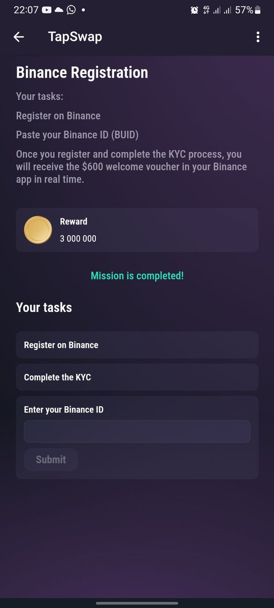 Rognmac's tweet photo. @tapswapai I completed the mission but didn't receive any welcome voucher in my binance app https://t.co/aSvRrULf2m