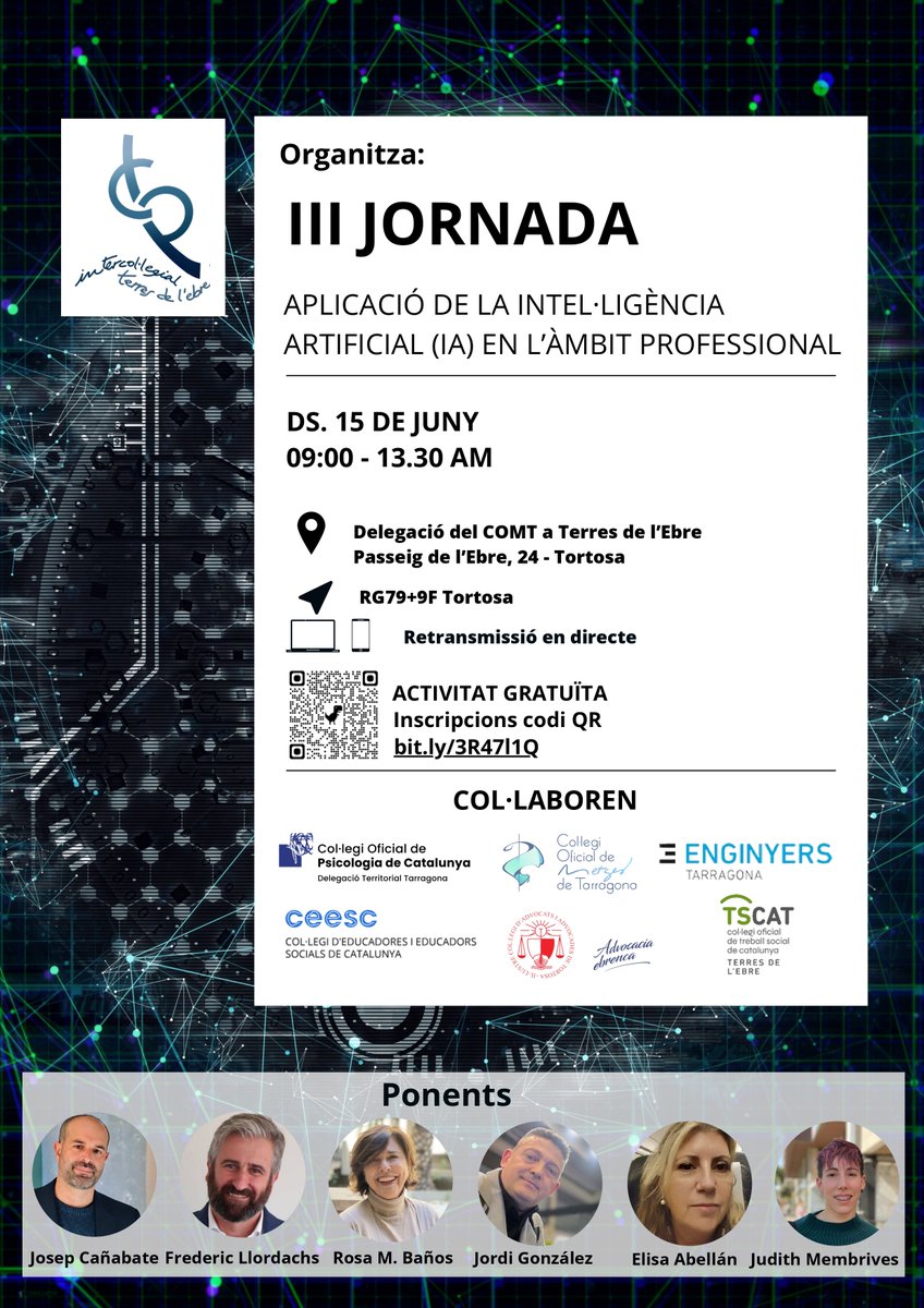 Ponents de la Jornada sobre l’aplicació de la #IA en l’àmbit professional:

🗨️Josep Cañabate <a href="/josep_canabate/">Josep Cañabate</a>
🗨️Frederic Llordachs <a href="/fllordachs/">Frederic Llordachs-Marqués</a>
🗨️Rosa M. Baños <a href="/rosabanos/">rosa m. baños</a>
🗨️Jordi González
🗨️Elisa Abellán
🗨️Judith Membrives @judith_mll