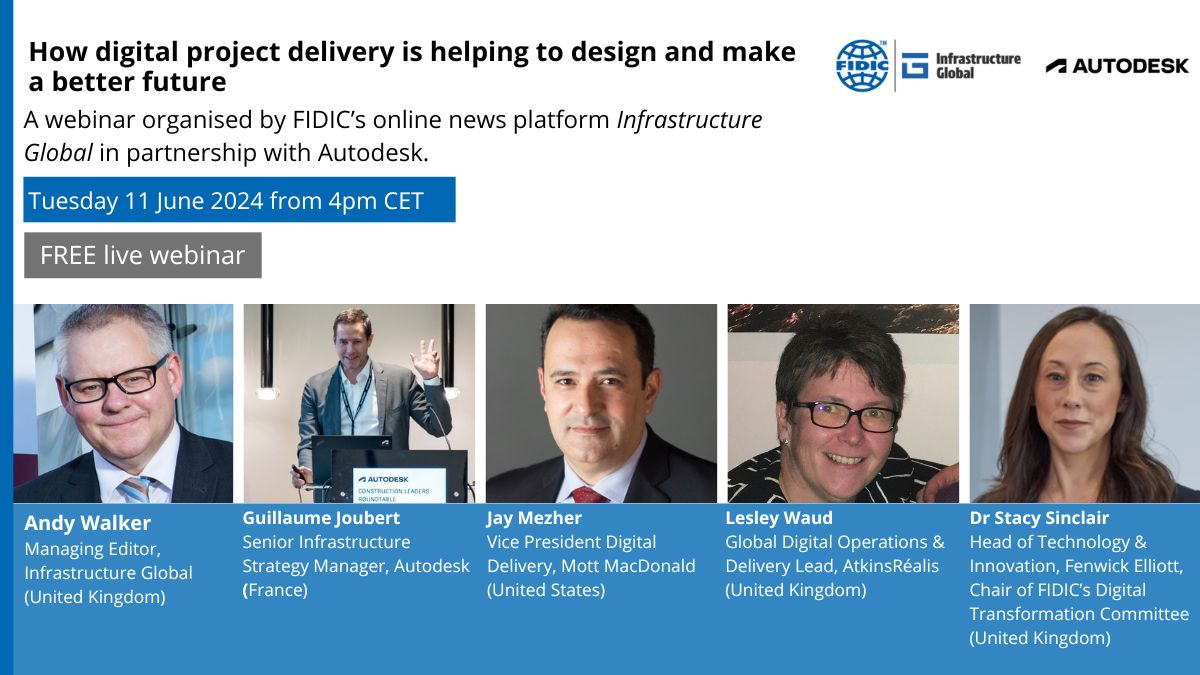 FIDIC's tweet image. 📢 Join our forthcoming webinar: &quot;How Digital Project Delivery is Helping to Design and Make a Better Future&quot;

Learn about the latest in #digitalprojectdelivery, industry solutions and technology integrations from our expert panel. Hosted by FIDIC&apos;s news platform, IG -…