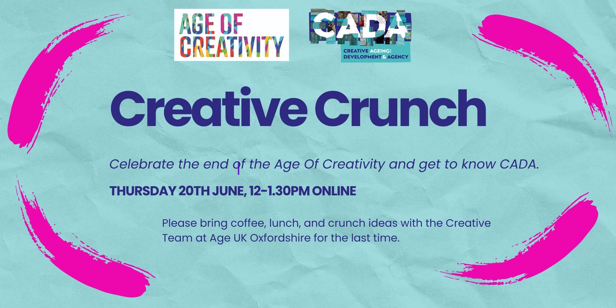 The Age of Creativity is sadly winding down over the coming months. Come and celebrate with us online, at the last Creative Crunch session. 20th June, 12pm - 1.30pm. Find joining details in this newsletter.
tinyurl.com/2s42dn6n
#creativeageing