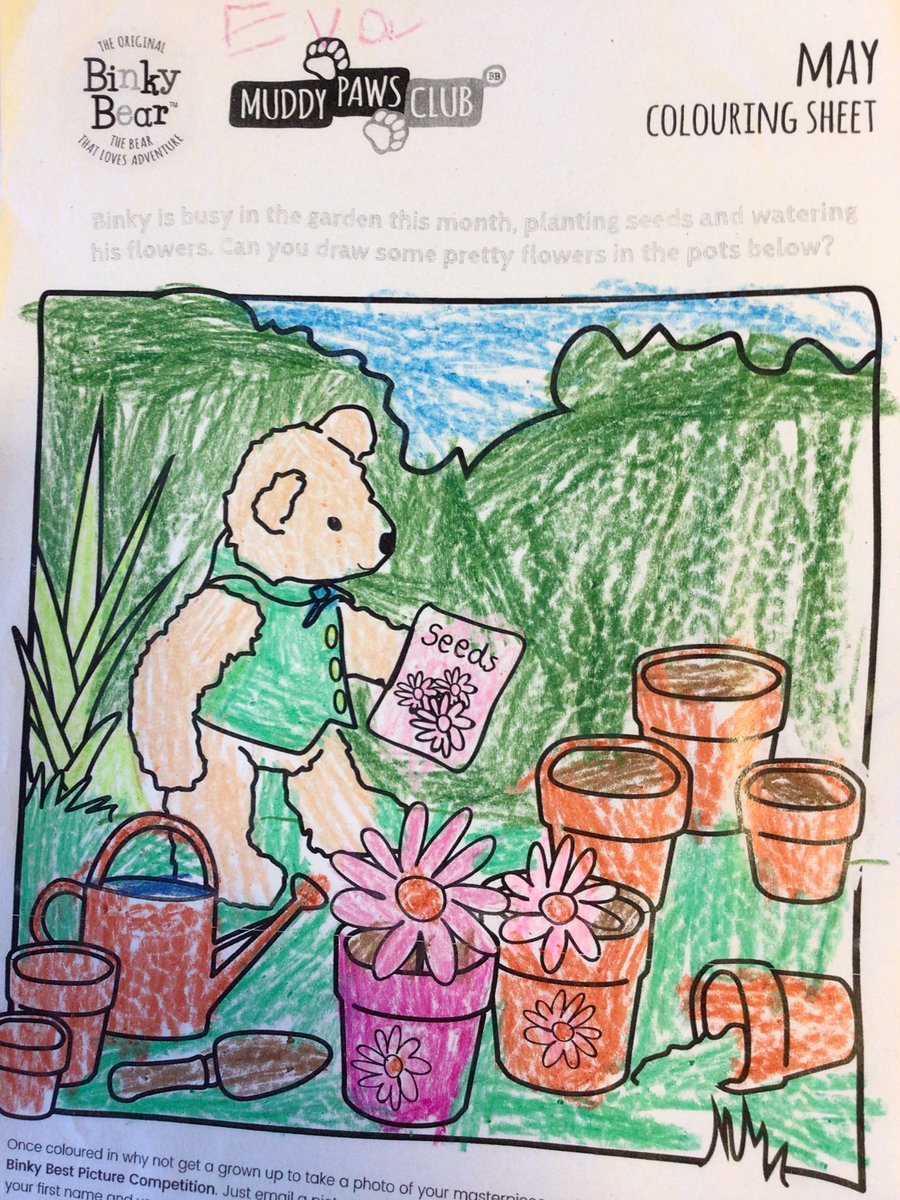 WoodlandsPrim1's tweet photo. Primary 1 heard a story about #BinkyBear and coloured in a picture of Binky in his garden @AllAboutBinky https://t.co/2oSYlVOVad
