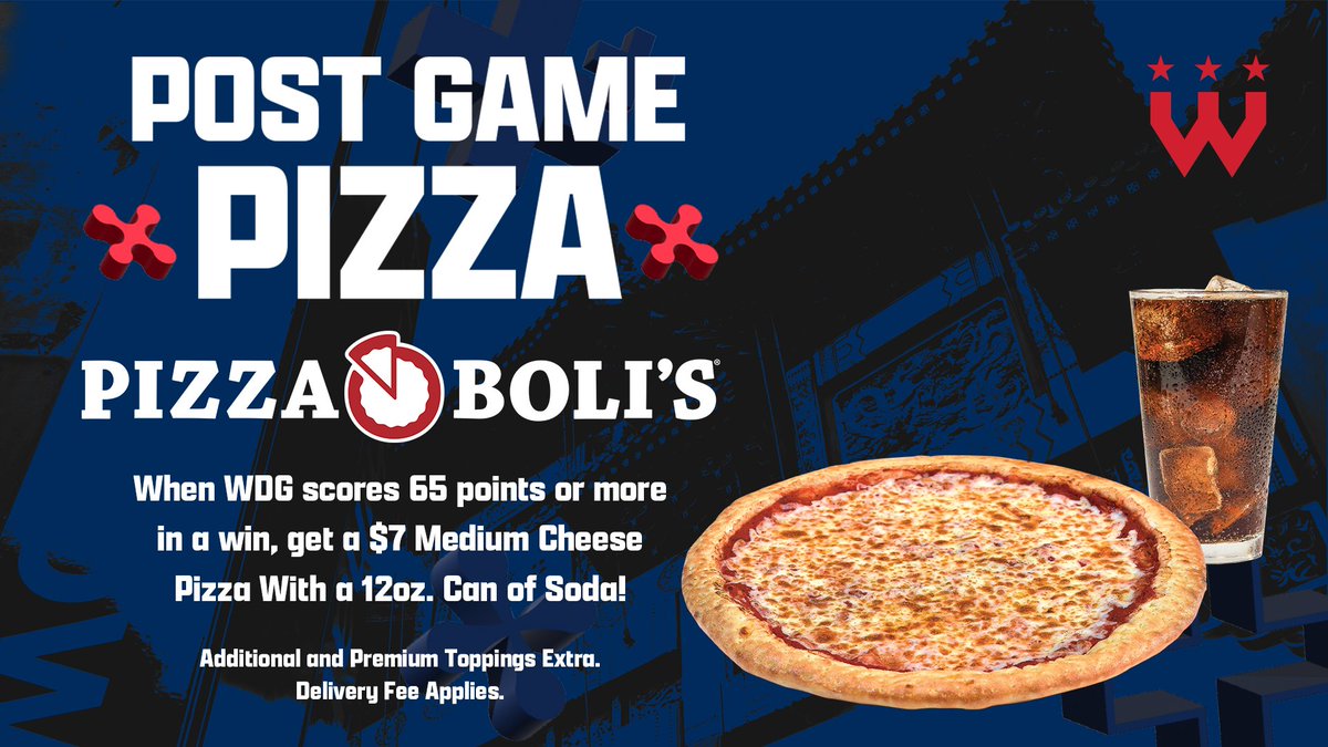 WizardsDG's tweet photo. AN EPIC WIN CALLS FOR AN EPIC POST GAME PIZZA 🍕

Get a $7 Medium Cheese Pizza with a 12oz. can of soda from @PizzaBolis when you use code WDGPIZZA online or on the app! 💻📲: https://t.co/C427Wk96AH https://t.co/6tazmITQWR