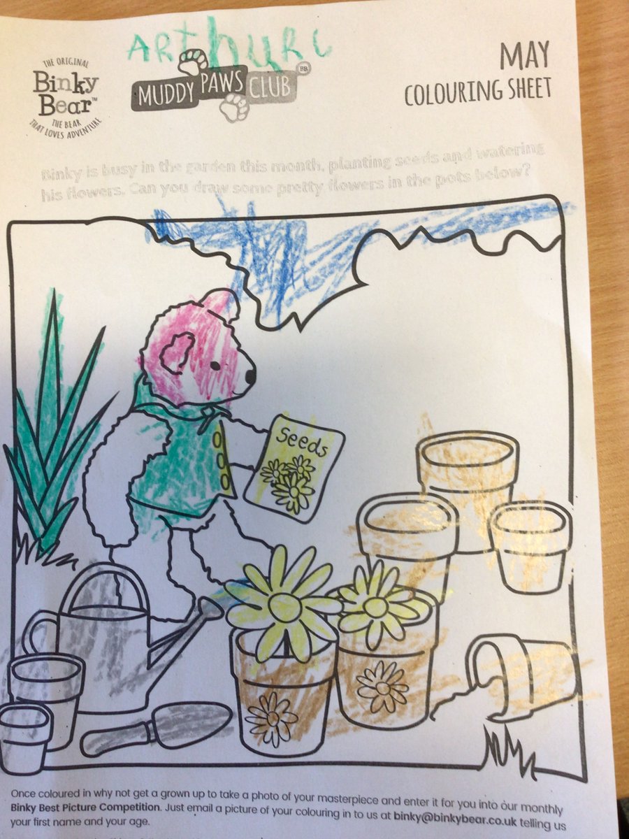 WoodlandsPrim1's tweet photo. Primary 1 heard a story about #BinkyBear and coloured in a picture of Binky in his garden @AllAboutBinky https://t.co/2oSYlVOVad