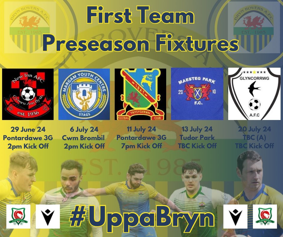 BrynRoversAFC's tweet photo. Our First Team kick off their preparations for the new season on Tuesday 18th June at the Maerdy Playing Fields, SA18 1HU starting at 6:15pm

Preseason fixtures start from Saturday 29th June, our full schedule is below

#PreseasonPrep
#LetsGetBackToIt
#UppaBryn
💙💛💙💛💙 https://t.co/oT7rx03wyV