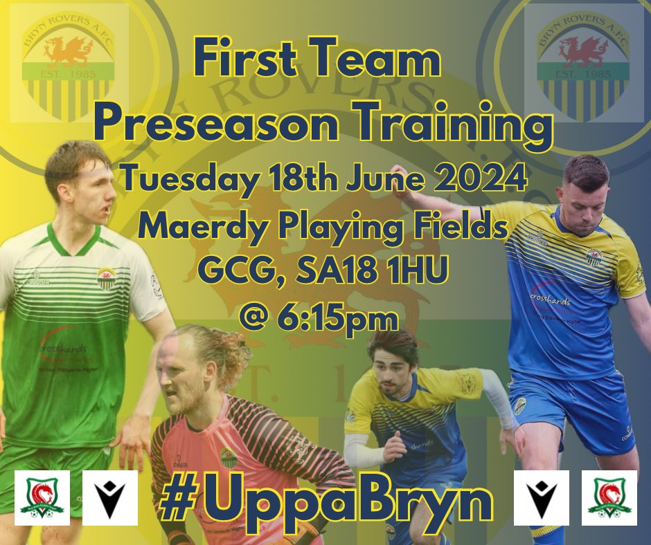 BrynRoversAFC's tweet photo. Our First Team kick off their preparations for the new season on Tuesday 18th June at the Maerdy Playing Fields, SA18 1HU starting at 6:15pm

Preseason fixtures start from Saturday 29th June, our full schedule is below

#PreseasonPrep
#LetsGetBackToIt
#UppaBryn
💙💛💙💛💙 https://t.co/oT7rx03wyV