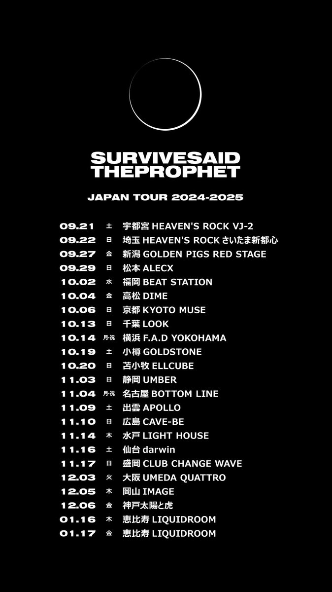 SSTPofficial's tweet photo. 🇯🇵NEW SHOW🇯🇵

約1年ぶりとなる全国ツアー
『Survive Said The Prophet JAPAN TOUR 2024-2025』
開催決定！！

只今からSABA CULTにてチケット
最速先行販売開始いたし��す⚠️
https://t.co/rpfTDDg2e7
※6/16(Sun)23:59まで
是非お早めにお申し込みを！

#survivesaidtheprophet #サバプロ #sstp https://t.co/g4fIsG50aP