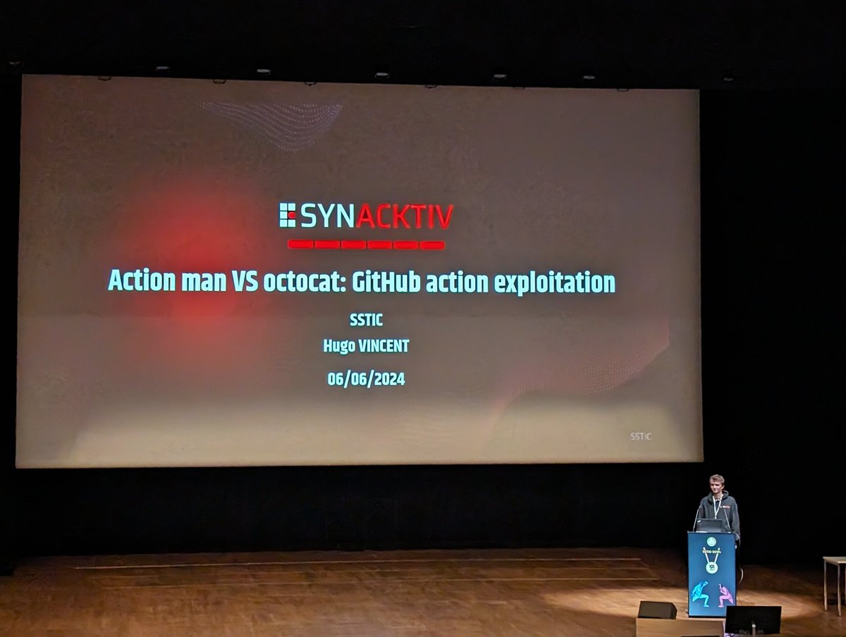 It's #SSTIC second day and <a href="/hugow_vincent/">Hugow</a> presents how to exploit Github Actions ⚙️