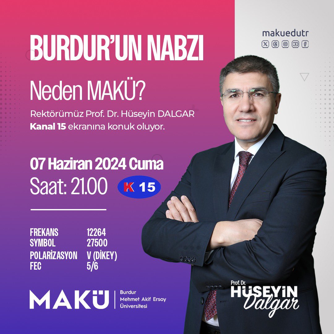 Rektörümüz Prof. Dr. Hüseyin Dalgar yarın akşam saat 21.00’de Kanal 15’te canlı yayınlanacak olan Burdur’un Nabzı programına konuk oluyor. <a href="/dalgarh/">Prof. Dr. Hüseyin DALGAR</a>