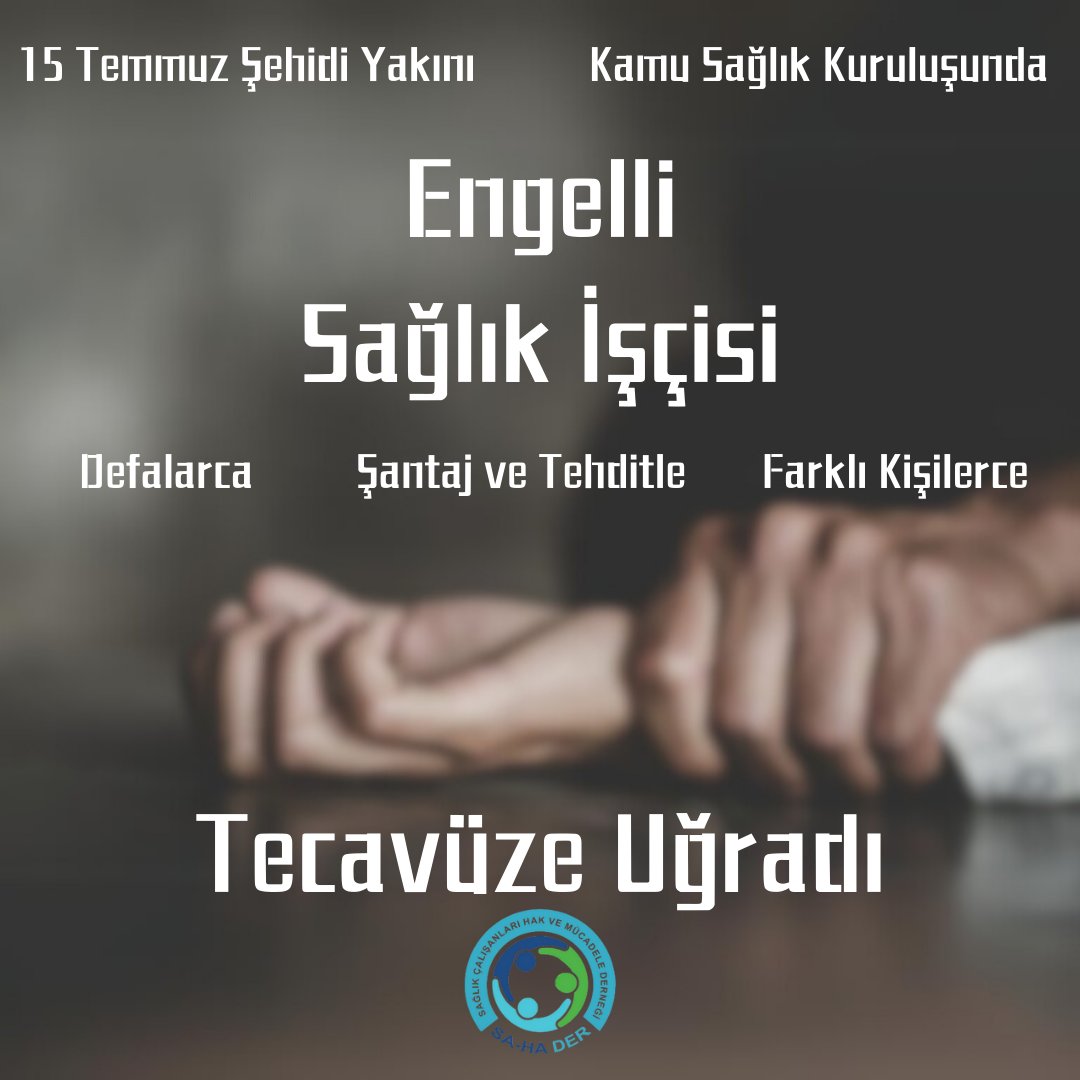 Şehit yakını, kamuda çalışan mental rahatsızlığı olan bir sağlık İşçisi arkadaşımız,
Çalıştığı kurumdaki kişiler tarafından 
Şantaj ve Tehditle tecavüze uğradı.
Bir kadının sesi olmak zorundayız.
Faillere gereken en ağır ceza verilsin.
İnsanlık dışı bu muamale yapanların yanına