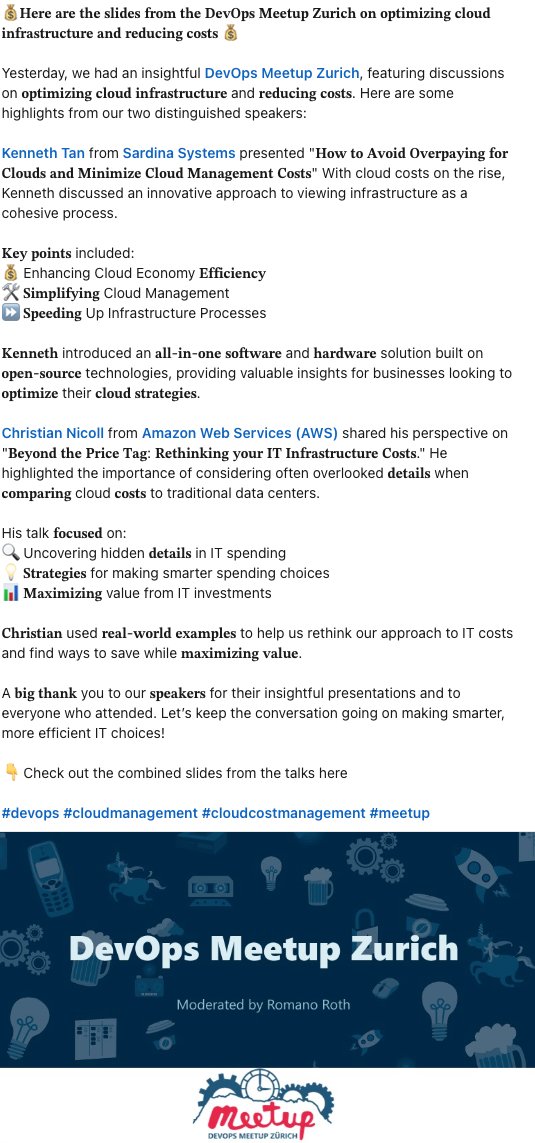 RomanoRoth's tweet image. 💰 Check out the slides from our DevOps Meetup Zurich on optimizing cloud infrastructure and reducing costs! Featuring insights from Kenneth Tan (@sardinasystems) and Christian Nicoll (@AWS). 📊🛠️
👉 linkedin.com/posts/romanoro…
#DevOps #CloudComputing #ITOptimization #ZurichMeetup