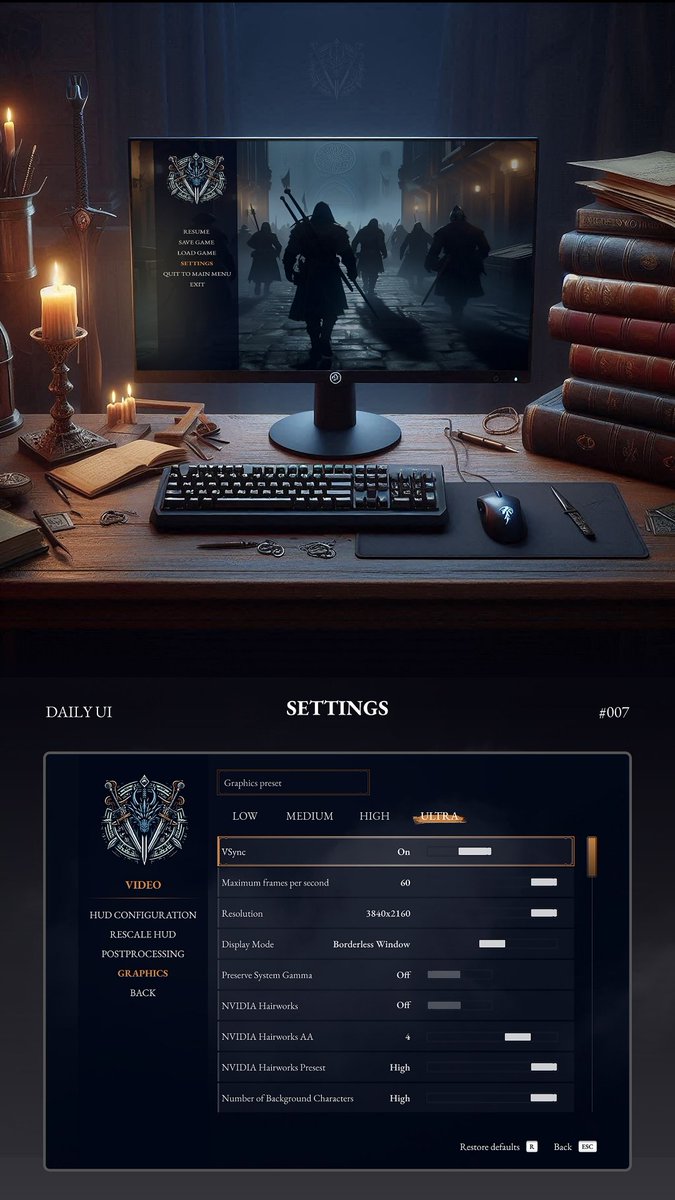 ozguruix's tweet photo. I designed a settings screen for a game. This is my first UI design for a game. For this, I got inspired by The Witcher 3.
I hope you'll like it!
#gameui #userinterface #uidesign #uiux #figma #photoshop #ai #UIX101 #DailyUI007 #dailyui #frpgame #game
https://t.co/zIrYZBe54j https://t.co/MsozNObtSS
