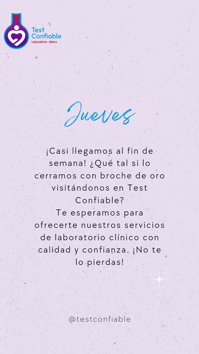 TestConfiable's tweet photo. ¡Feliz jueves! ☀️

¿Te sientes con energía para conquistar el fin de semana?

En Test Confiable queremos ayudarte a empezarlo con el pie derecho. #ccs #caracas #salud https://t.co/B76VBFyodF