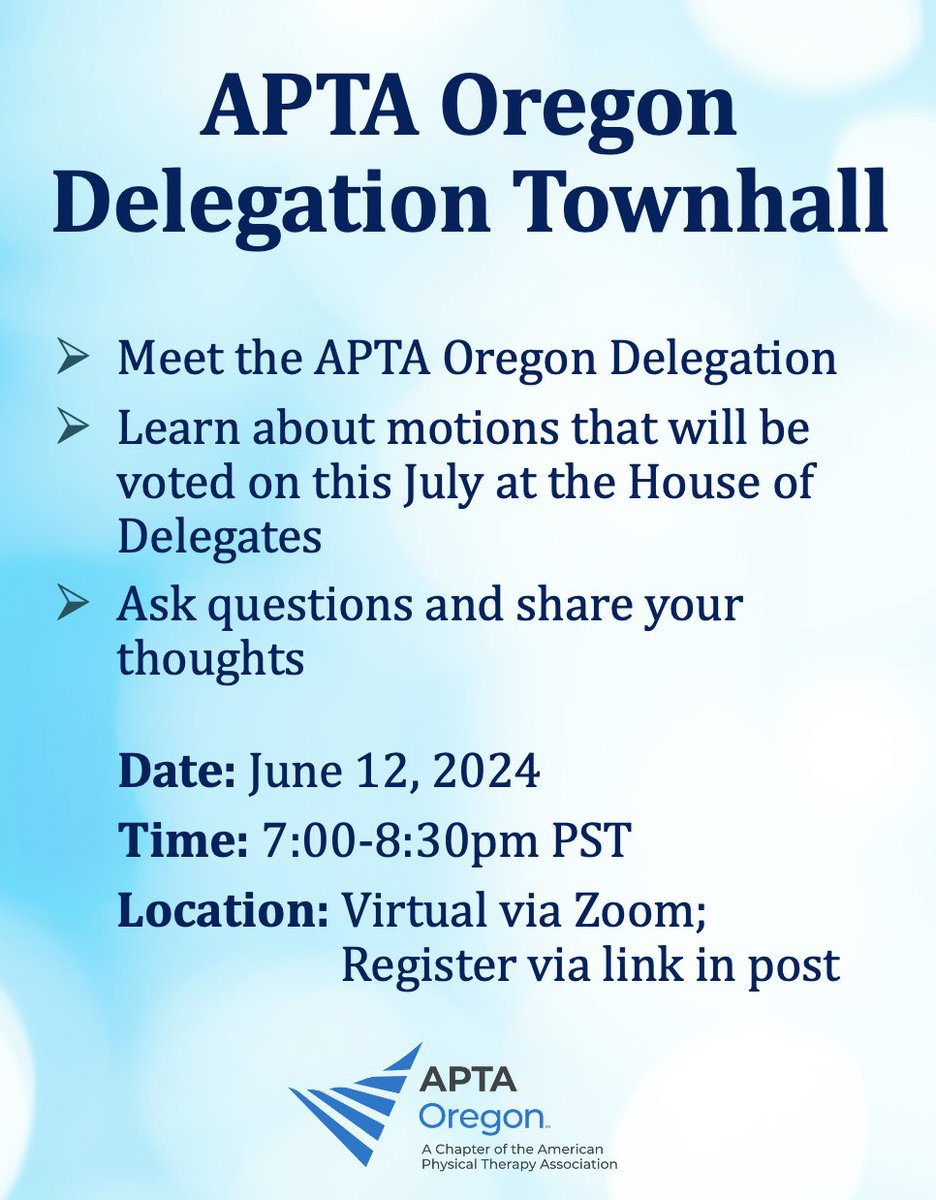 Calling all Oregon PTs, PTAs, and students -- 
Join us for a virtual townhall next Wed 6/12 to learn about the House of Delegates and discuss motions that will be presented next month! This is a free event for members &amp; non-members in OR. 
Register here:  forms.gle/L1u3xfiEGeodwx…
