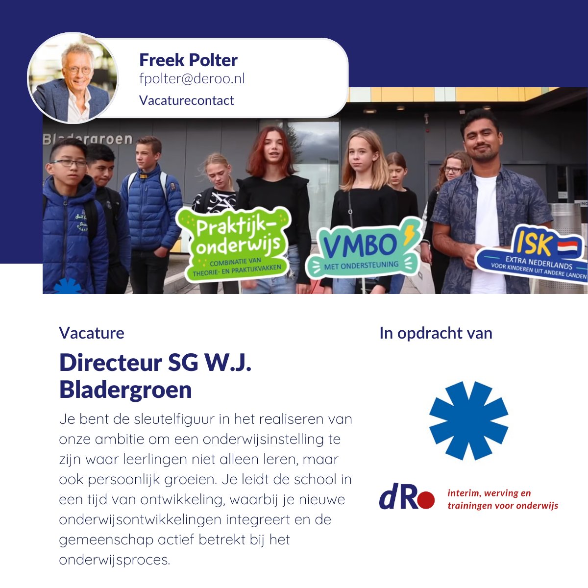 DeRoo_bv's tweet photo. Voor SG W.J. Bladergroen in Purmerend zijn wij op zoek naar een Directeur.
https://t.co/Mw6esPAjy1
#vacature #onderwijs #directeur #purmerend https://t.co/xCQzTIgjg0