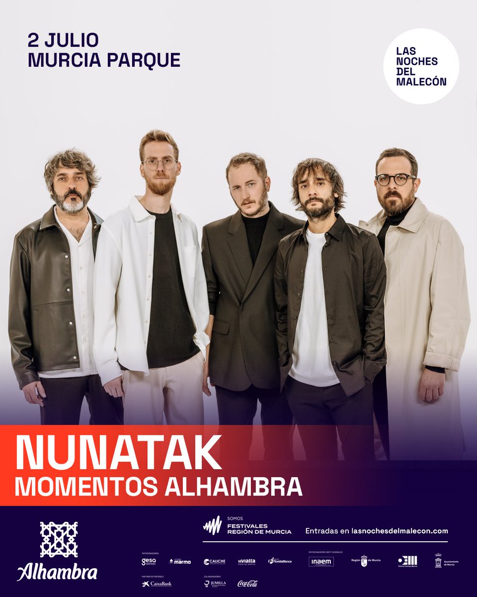HolaNunatak's tweet photo. Confirmamos nueva fecha de mano de las Noches del Malecón.
Será un concierto íntimo y especial con aforo muy reducido el 2 de julio en Murcia Parque, en los Momentos Alhambra #momentosalhambra . https://t.co/eNTAblfmPg