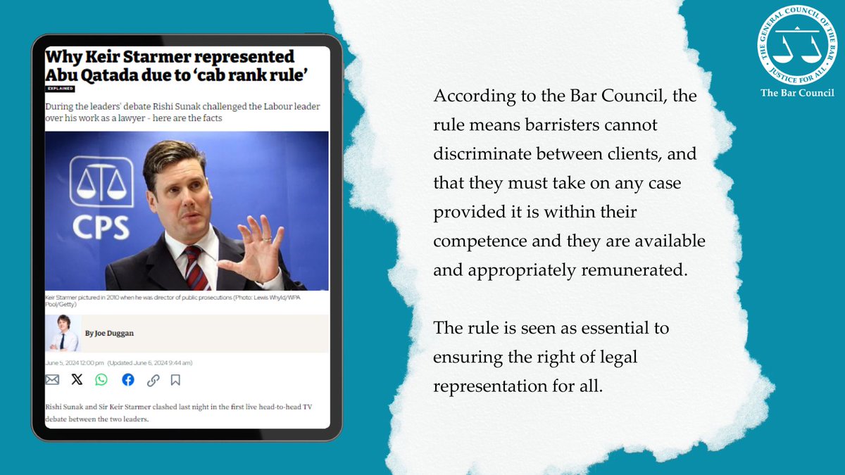 Repeated attacks on the legal profession must stop. The cab rank rule is a bedrock obligation for the independent referral Bar - it means that barristers cannot discriminate between clients. 

Read more in the i's explainer➡️ bit.ly/3XefzbA