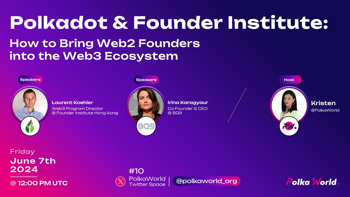 polkaworld_org's tweet image. 🎙️Got questions about the partnership between @founding and the @Polkadot ecosystem? 

Here&apos;s a great opportunity to ask them directly! Laurent Koehler from Founder Institute and @IrinaKaragyaur, CEO of BQ9, will join PolkaWorld&apos;s live chat on July 7th! 

Don&apos;t miss this chance…