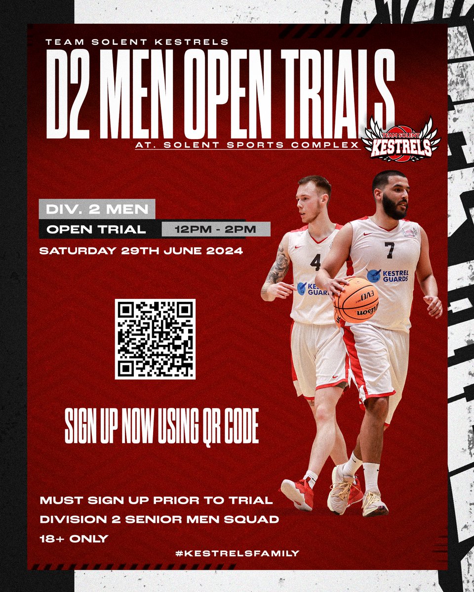 Division 2 Men Open Trials 🏀

Your chance to come and try out for the Kestrels Men's senior squad at the end of the month!

Must sign up prior to trials on QR code or this link; hosted-uk.coacha.app/member_signup/…

#KestrelsFamily #Trials