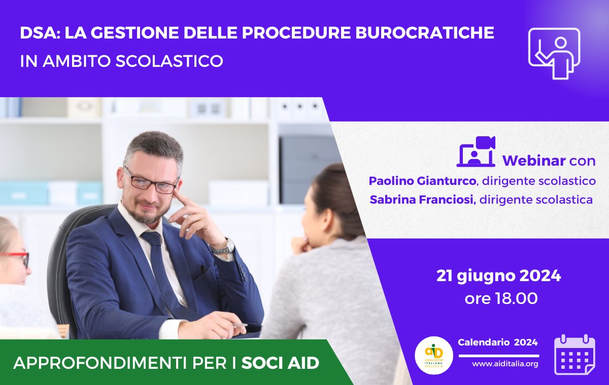 Quali sono le competenze, le procedure e i tempi per predisporre un cronoprogramma utile a tutelare gli #studenti con #DSA? Scoprilo il 21 giugno con Paolino Gianturco (coordinatore comitato scuola di AID) e Sabrina Franciosi (dirigente scolastica)👇
bit.ly/webinar_21giug…