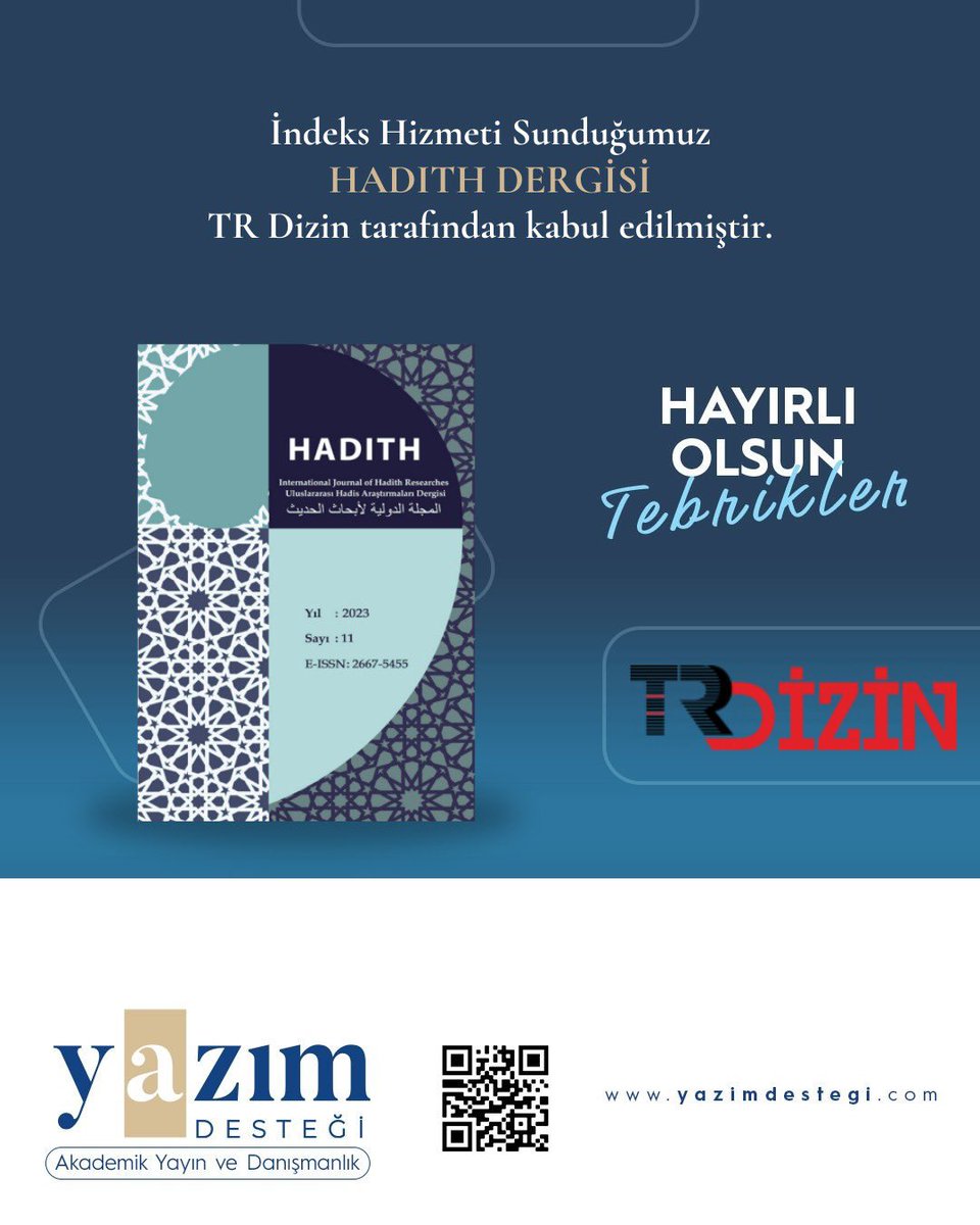 journalofhadith's tweet photo. Kıymetli Takipçilerimiz; 

Dergimiz HADITH, 2023 yılı ile birlikte TR Dizin tarafından kabul edilmiştir. Hayırlı olsun. https://t.co/RTqWrIRkgE