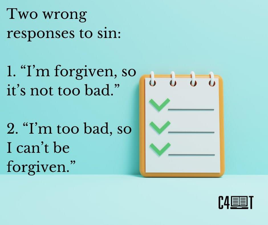 chadehensley's tweet image. Two wrong responses to sin: 
1. “I’m forgiven, so it’s not too bad.” 
2. “I’m too bad, so I can’t be forgiven.”
-Matt Smethurst 
 #forgiveness #rightwrong #bad #SeeingGod 
seeinggodclearly.com/2020/10/12/thr…