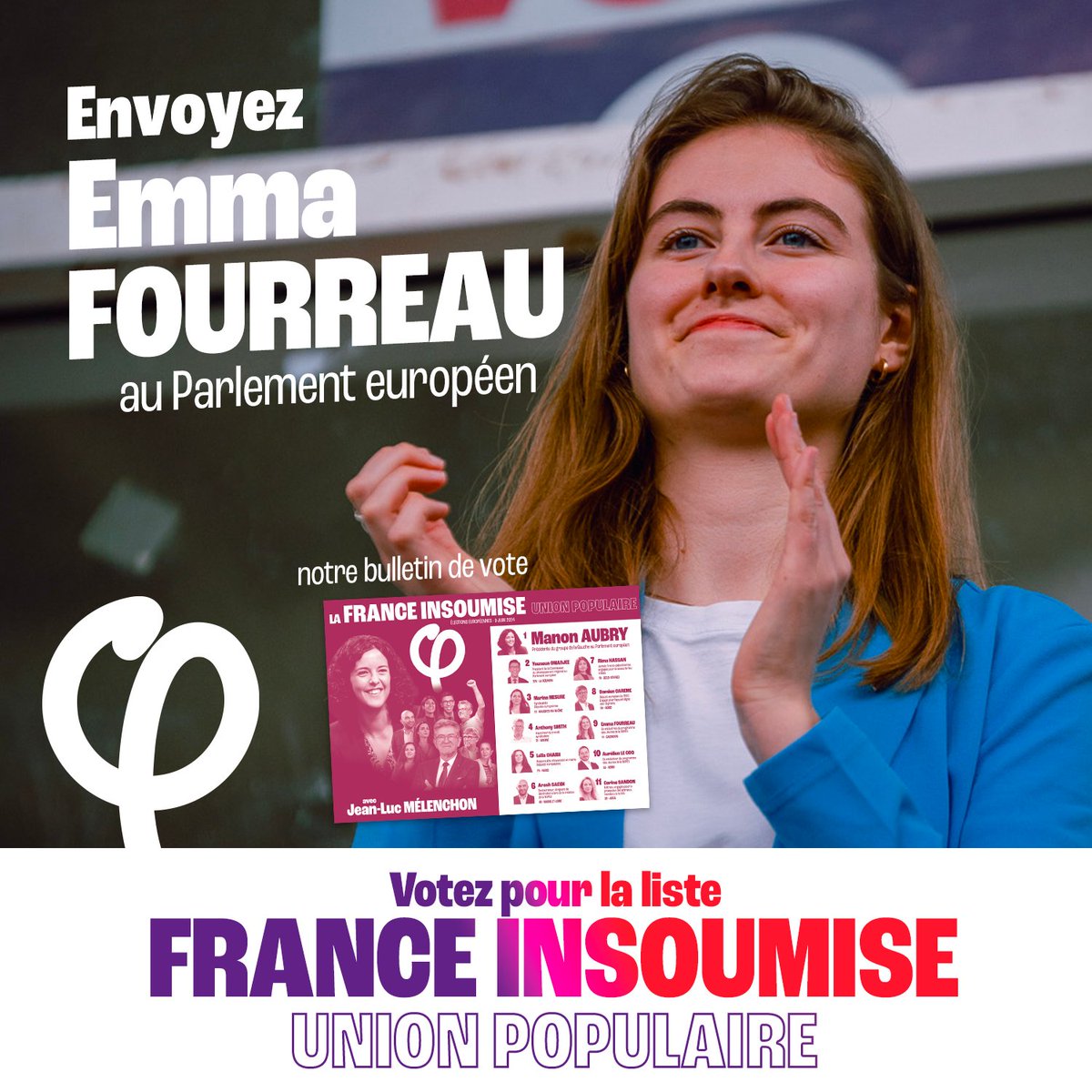 FranceInsoumise's tweet photo. 🟣 Dimanche, votez pour la liste France insoumise / Union populaire et envoyez @emma_frr au Parlement européen !

#UnionPopulaire https://t.co/euYaHMYs7g