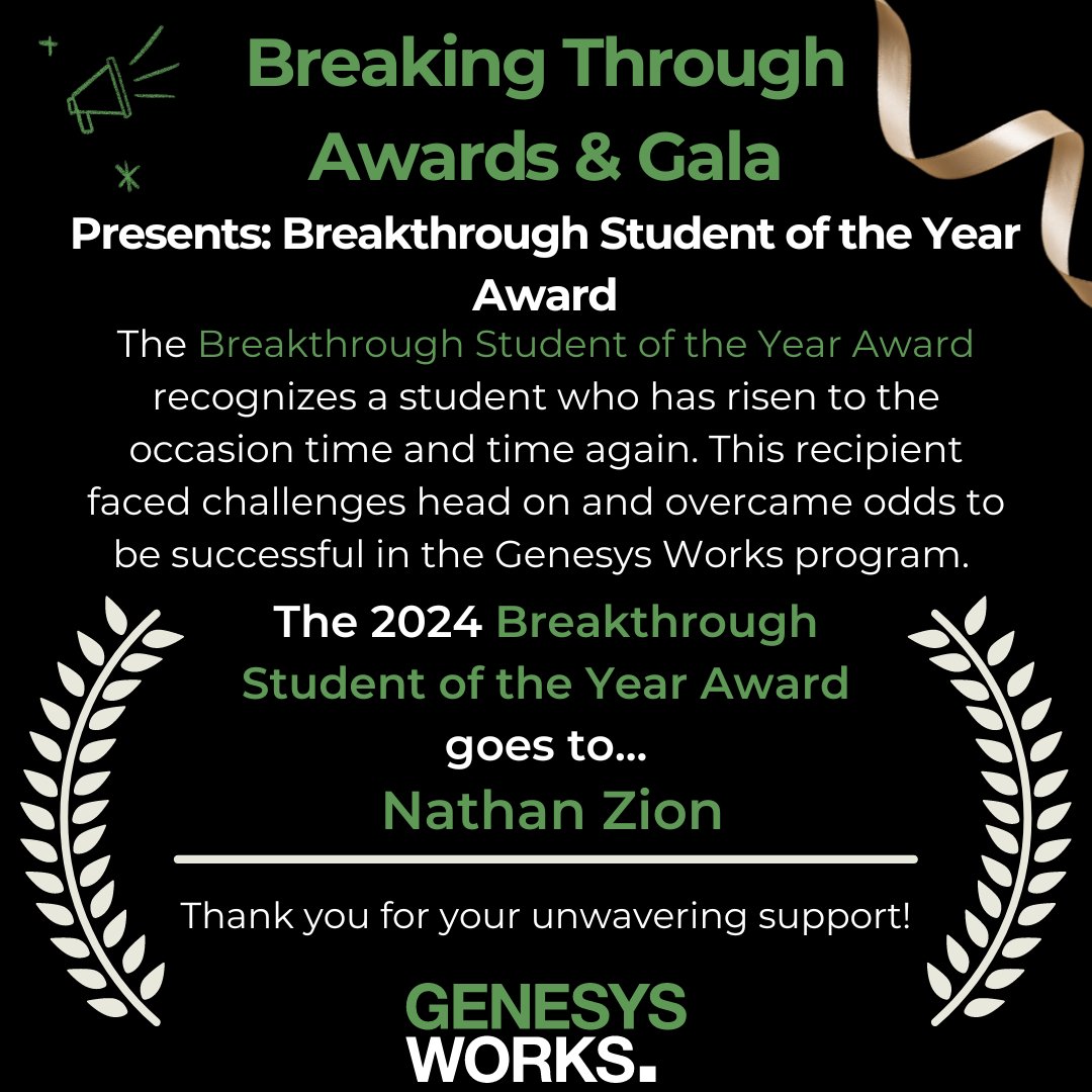 Congratulations to Nathan Zion from Children's National Hospital on being our 2024 Breakthrough Student of the Year Award winner at our Breaking Through Awards &amp; Gala. To support career access for our Young Professionals: fundraise.givesmart.com/f/4miv/n?vid=1…